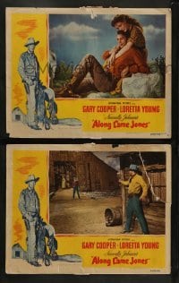 1w815 ALONG CAME JONES 2 LCs '45 Gary Cooper & Loretta Young, Norman Rockwell border art!