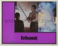 1y250 EVILSPEAK LC '81 great image of bloody crazed Clint Howard holding sword in church!