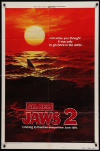 1z447 JAWS 2 style B teaser 1sh '78 classic art of man-eating shark's fin in red water at sunset!
