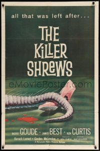 1z449 KILLER SHREWS 1sh '59 classic horror art of all that was left after the monster attack!