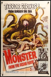 1z457 MONSTER FROM THE OCEAN FLOOR 1sh '54 cool art of the octopus beast attacking sexy girl!
