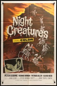 1z463 NIGHT CREATURES 1sh '62 Hammer, great horror art of skeletons riding skeleton horses!