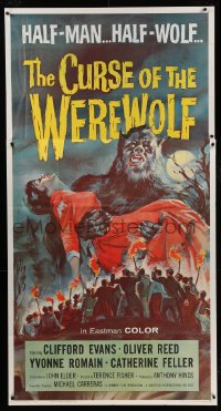 2a107 CURSE OF THE WEREWOLF 3sh '61 Smith art of Oliver Reed holding girl surrounded by mob, rare!