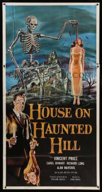 2a108 HOUSE ON HAUNTED HILL 3sh '59 classic art of Vincent Price w/ skeleton & hanging girl, rare!