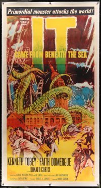 2a124 IT CAME FROM BENEATH THE SEA linen 3sh '55 Ray Harryhausen, a tidal wave of terror, cool art!