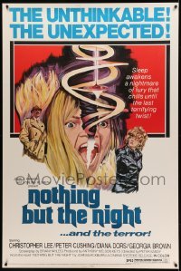 2a219 NOTHING BUT THE NIGHT 40x60 '75 Christopher Lee, really wild art of girl's split head!