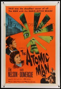 2a144 ATOMIC MAN linen 1sh '56 wacky image of the man they called the Human Bomb + Faith Domergue!