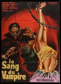 2a051 BLOOD OF THE VAMPIRE French 1p '60 Symeoni art of monster torturing woman, ultra rare!