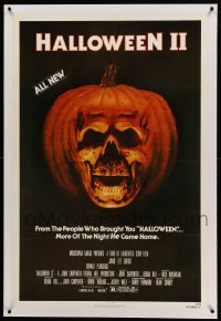 2a164 HALLOWEEN II linen 1sh '81 cool jack-o-lantern skull image, more of the night HE came home!