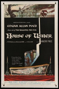 2a166 HOUSE OF USHER linen 1sh '60 Poe's tale of the ungodly & evil, horror art by Reynold Brown!