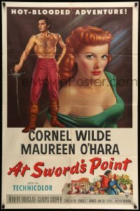2b042 AT SWORD'S POINT 1sh '52 full-length barechested Cornel Wilde, sexy Maureen O'Hara!