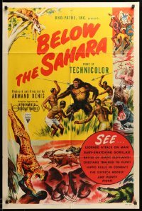 2b070 BELOW THE SAHARA 1sh '53 great giant ape image vs. tribesmen artwork!