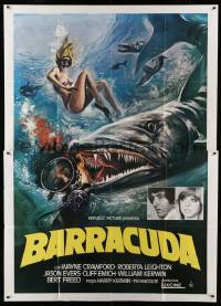 2c403 BARRACUDA Italian 2p '78 great artwork of huge killer fish attacking sexy diver in bikini!