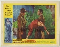 2d052 BAREFOOT CONTESSA LC #8 '54 Humphrey Bogart by Rossano Brazzi carrying Ava Gardner in rain!