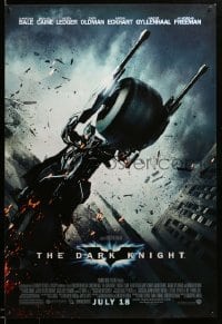 2g571 DARK KNIGHT advance 1sh '08 cool image of Christian Bale as Batman on Batpod bat bike!