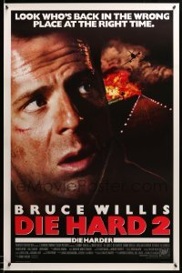 2g582 DIE HARD 2 int'l 1sh '90 tough guy Bruce Willis, image of airplane and fire over airport!