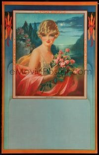 2g372 GENE PRESSLER 14x22 special '20s art of pretty woman holding flowers, Moonlight Charm!