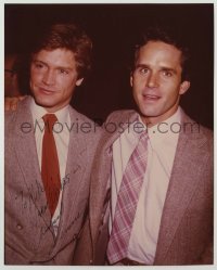 2j1027 ANDREW STEVENS signed color 8x10 REPRO still '80s c/u in suit & tie with Gregory Harrison!