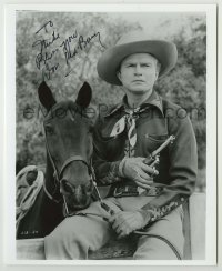 2j1111 DON 'RED' BARRY signed 8x10 REPRO still '80s great close up holding gun by his horse!