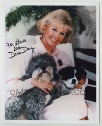2j1117 DORIS DAY signed color 8x10 REPRO still '80s great smiling portrait with her two cute dogs!