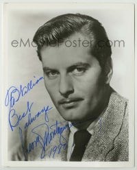 2j1143 GEORGE MONTGOMERY signed 8x10 REPRO still '80 head & shoulders c/u with suit & mustache!