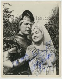 2j0514 GEORGE MONTGOMERY signed 8x10.25 still '50s in suit of armor holding pretty lady!