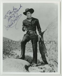 2j1230 LASH LA RUE signed 8x10 REPRO still '80s full-length cowboy portrait with gun & whip!