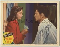 2j0385 SIDE STREET signed LC #8 '50 by Farley Granger, who's staring at Cathy O'Donnell with money!