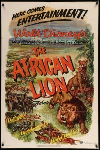 2p025 AFRICAN LION 1sh '55 Walt Disney jungle safari documentary, cool animal artwork!