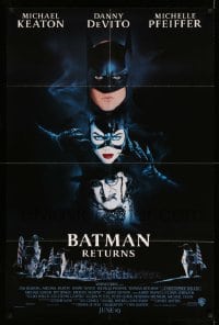 2p072 BATMAN RETURNS advance DS 1sh '92 Burton, Keaton, cool dark date design!