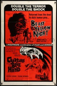2p075 BEAST OF THE YELLOW NIGHT/CREATURE WITH BLUE HAND 1sh '71 wild horror double-bill!