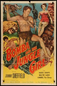2p118 BOMBA & THE JUNGLE GIRL 1sh '53 c/u of Johnny Sheffield with spear & sexy Karen Sharpe!