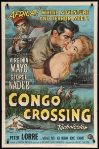 2p177 CONGO CROSSING 1sh '56 art of Peter Lorre pointing gun at Virginia Mayo & George Nader
