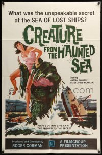 2p188 CREATURE FROM THE HAUNTED SEA 1sh '61 great art of monster's hand in sea grabbing sexy girl!