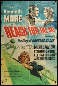 2p713 REACH FOR THE SKY English 1sh '57 art of English pilot Kenneth More + RAF airplanes!