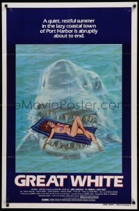 2p321 GREAT WHITE style A 1sh '82 great artwork of huge shark attacking girl in bikini on raft!