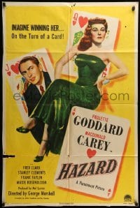 2p339 HAZARD style A 1sh '48 great art of sexy Paulette Goddard winning Carey gambling at cards!