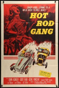 2p376 HOT ROD GANG 1sh '58 fast cars, crazy kids, classic art of teens in dragsters & dancing girl!