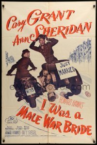 2p393 I WAS A MALE WAR BRIDE 1sh R53 cross-dresser Cary Grant & Ann Sheridan on motorcycle, Hawks