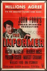 2p408 INFORMER 1sh R55 John Ford, great close up art of angry Victor McLaglen & Heather Angel!