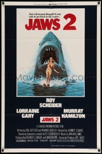 2p427 JAWS 2 int'l 1sh '78 Roy Scheider, art of giant shark attacking girl on water by Lou Feck!