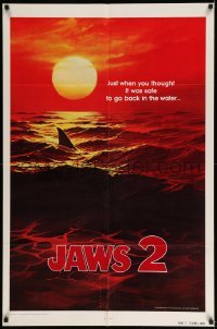 2p428 JAWS 2 teaser 1sh '78 art of man-eating shark's fin in red water at sunset, undated design!