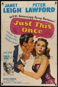 2p446 JUST THIS ONCE 1sh '52 great art of Peter Lawford whispering to sexy Janet Leigh!