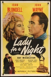 2p459 LADY FOR A NIGHT 1sh R50 headshots of John Wayne, Joan Blondell + riverboat!