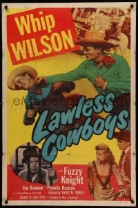 2p471 LAWLESS COWBOYS 1sh '51 great huge image of Whip Wilson punching bad guy!