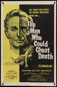 2p544 MAN WHO COULD CHEAT DEATH 1sh '59 Hammer horror, cool half-alive & half-dead headshot art!