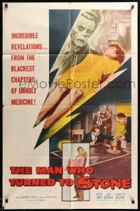 2p545 MAN WHO TURNED TO STONE 1sh '57 Victor Jory practices unholy medicine, cool sexy horror art!
