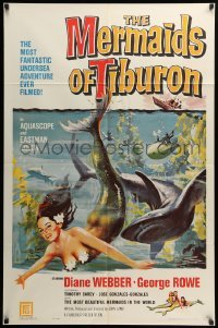 2p560 MERMAIDS OF TIBURON 1sh '62 art of sexy mermaid & shark, plunge into undersea adventure!