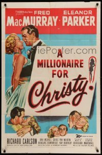 2p566 MILLIONAIRE FOR CHRISTY 1sh '51 art of Fred MacMurray embracing pretty Eleanor Parker!
