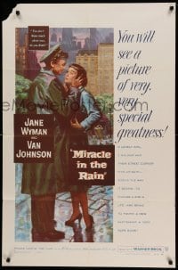 2p568 MIRACLE IN THE RAIN 1sh '56 great romantic art of Jane Wyman & Van Johnson!